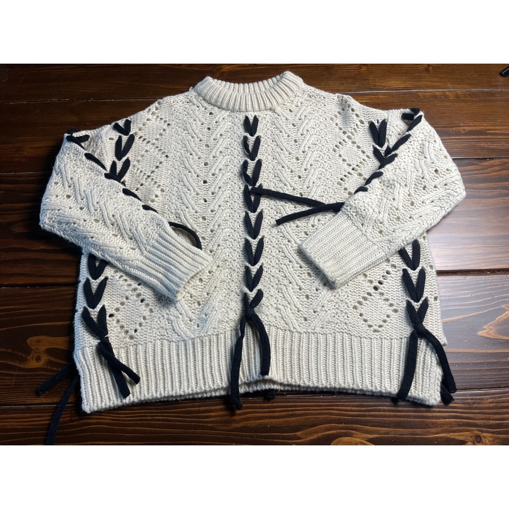 Retrod Sweater Women's Size Small Petite Cream Black Cable Knitted Ribbed Edges